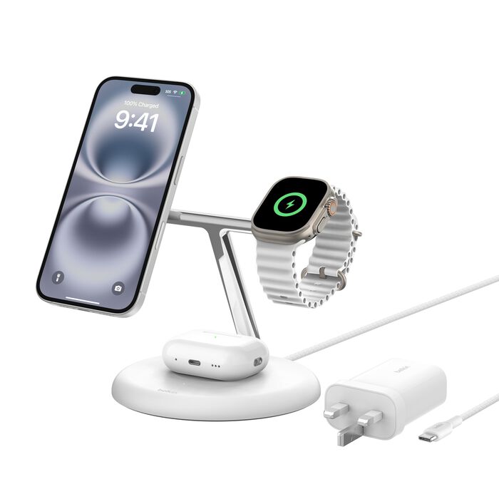 BELKIN QI2 BOOST CHARGE PRO 3 IN 1 MAGNETIC CHARGING STAND WHITE WIZ023MYWH thumbnail 2