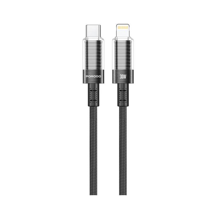 PORODO TRANSPARENT SHELL USB C TO LIGHTNING CABLE 1.2M PD30W BLACK PD-CBL0026-BK-L thumbnail 2