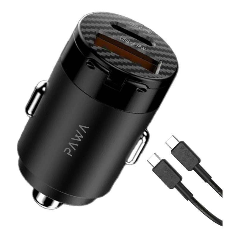 PAWA SUPERMINI CAR CHARGER WITH PD+QC PORT 65W BRAIDED USB C TO USB C CABLE BLACK PW-PDTCN65T-BK thumbnail 2