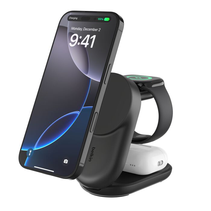 BELKIN ULTRA CHARGE QI2 25W 3 IN 1 FOLDABLE MAGNETIC CHARGER BLACK WIZ037MYBK thumbnail 2