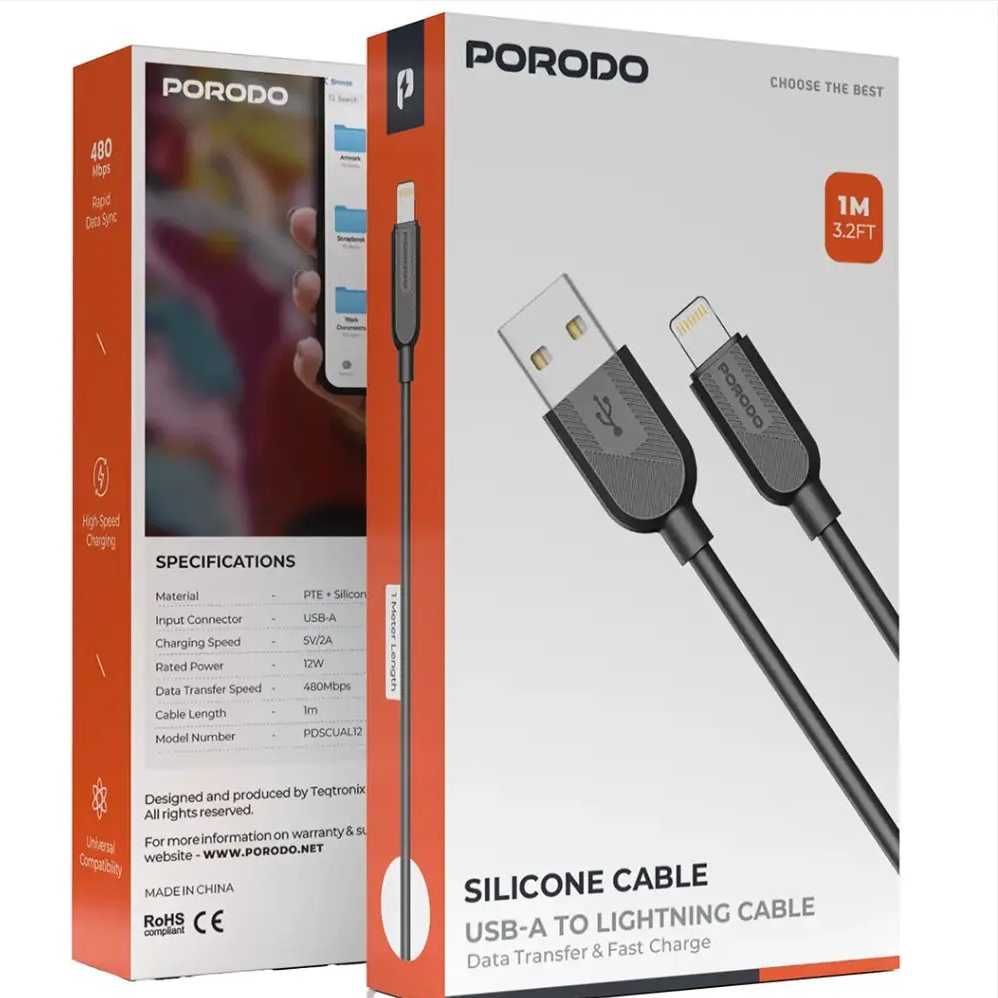 PORODO SILICONE CABLE USB A TO USB C CABLE 12W 1M BLACK PDSCUATC12BK thumbnail 2