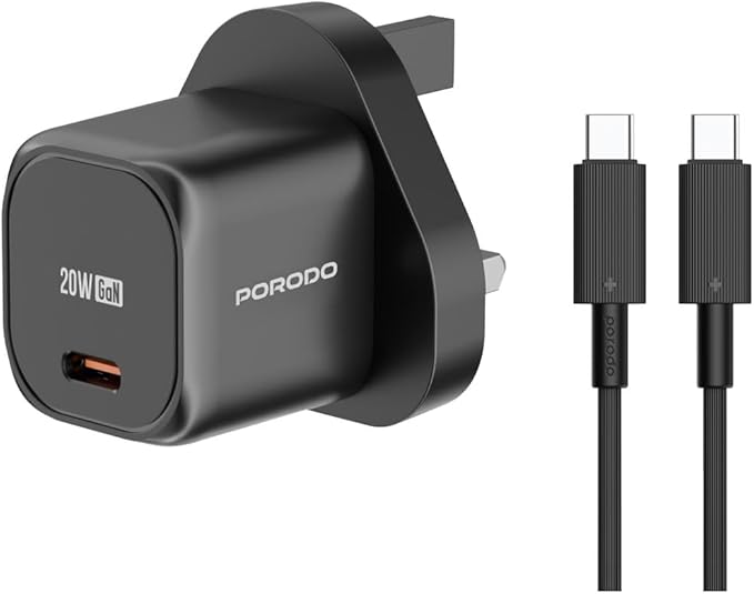 PORODO USB C POWER DELIVERY WALL CHARGER WITH USB C TO USB C CABLE BLACK PD-FWCH027-BK-C thumbnail 2