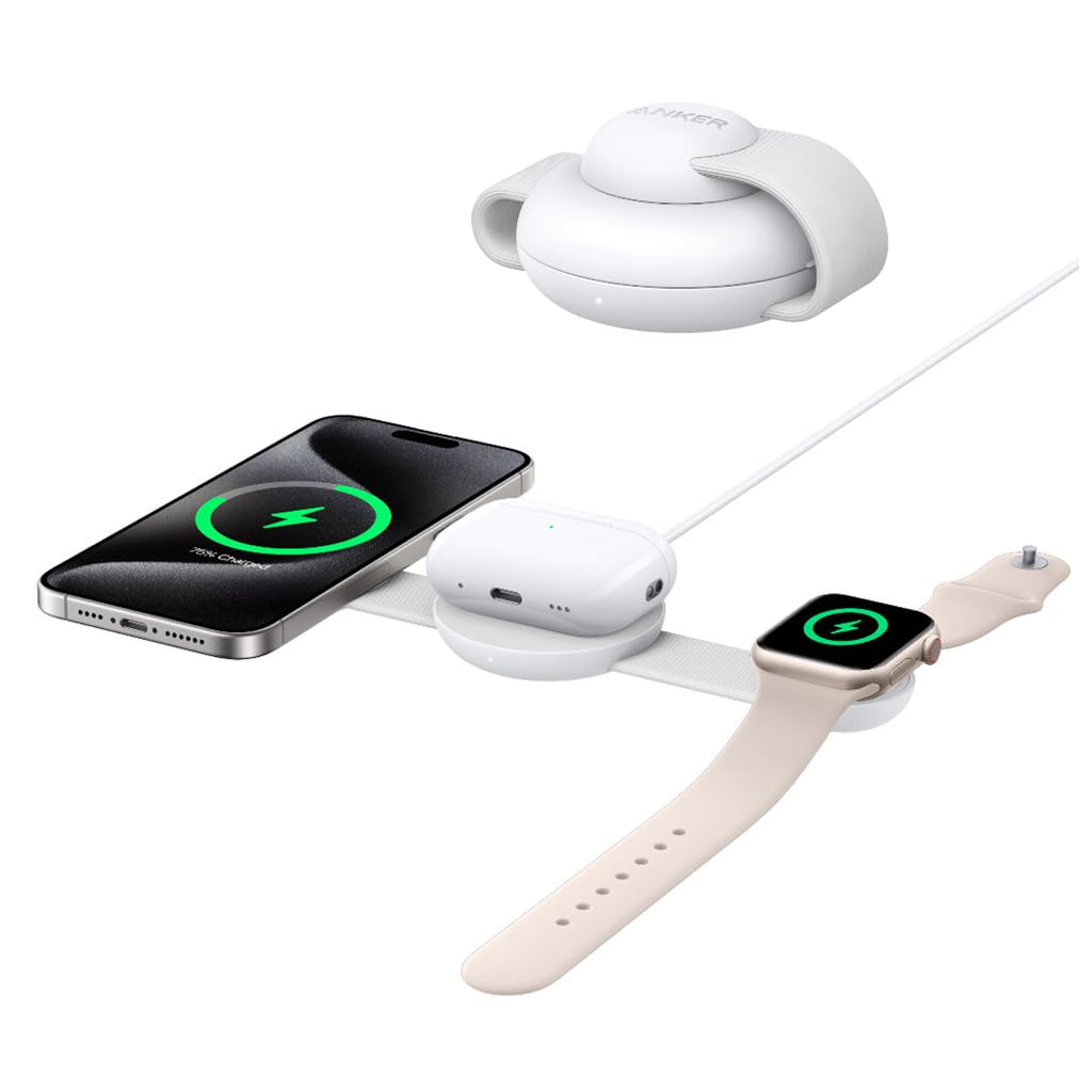 ANKER 3 IN 1 MAGGO WIRELESS CHARGING PAD WITH CHARGER AND USB-C CABLE 15W WHITE B25M8H21 thumbnail 2