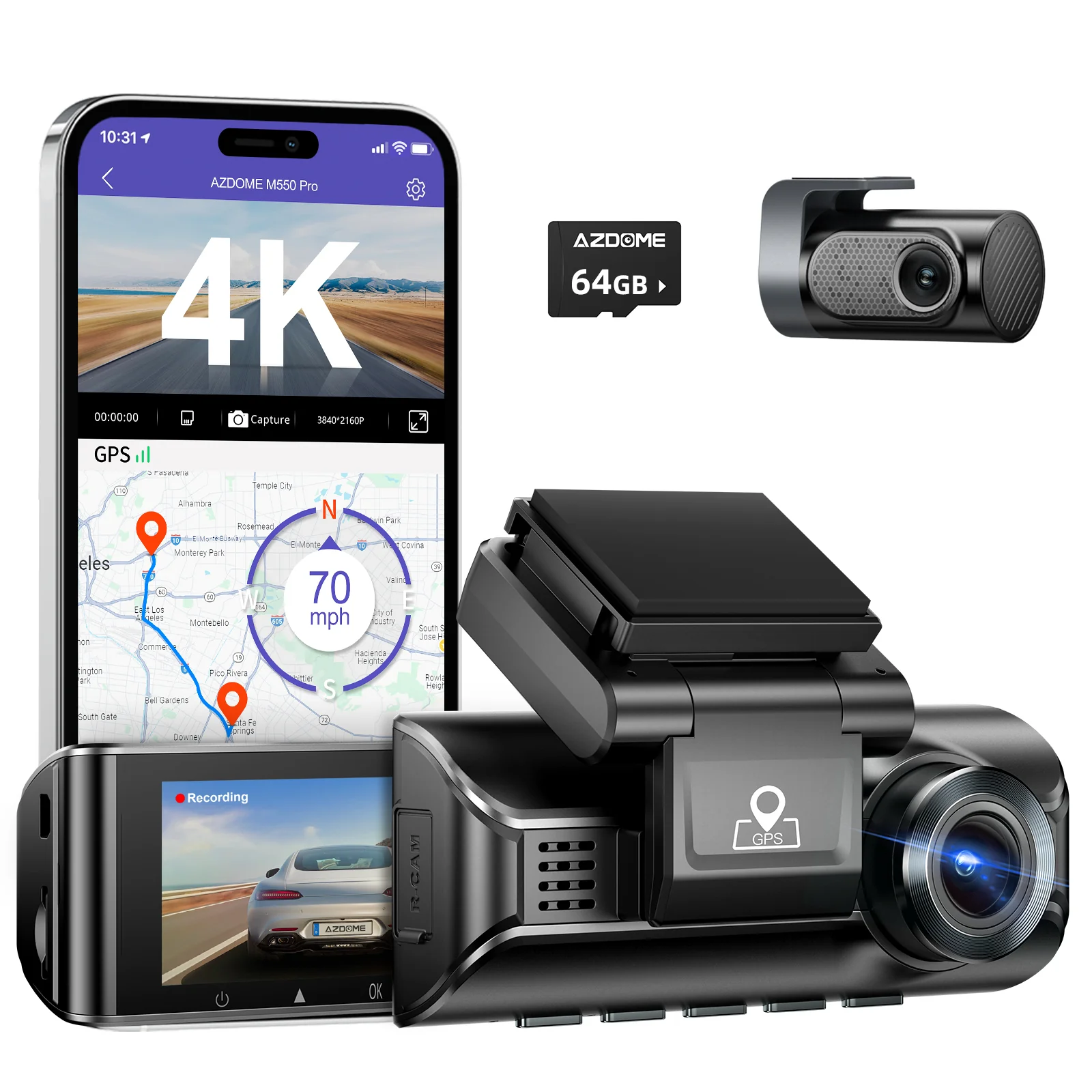 AZDOME 4K Front and Rear Dash Camera Kit with 3.19-Inch Screen - M550 Max thumbnail 2
