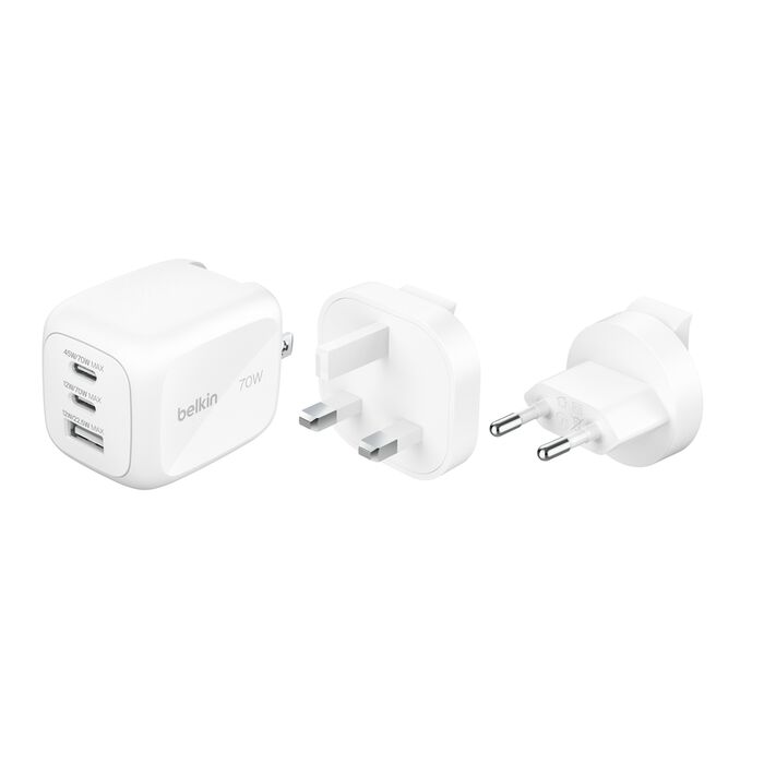 BELKIN BOOST CHARGE PRO 3 PORT GAN WALL CHARGER 70W WITH INTERCHANGEABLE PLUS TIPS WHITE WCH018HQWH thumbnail 2