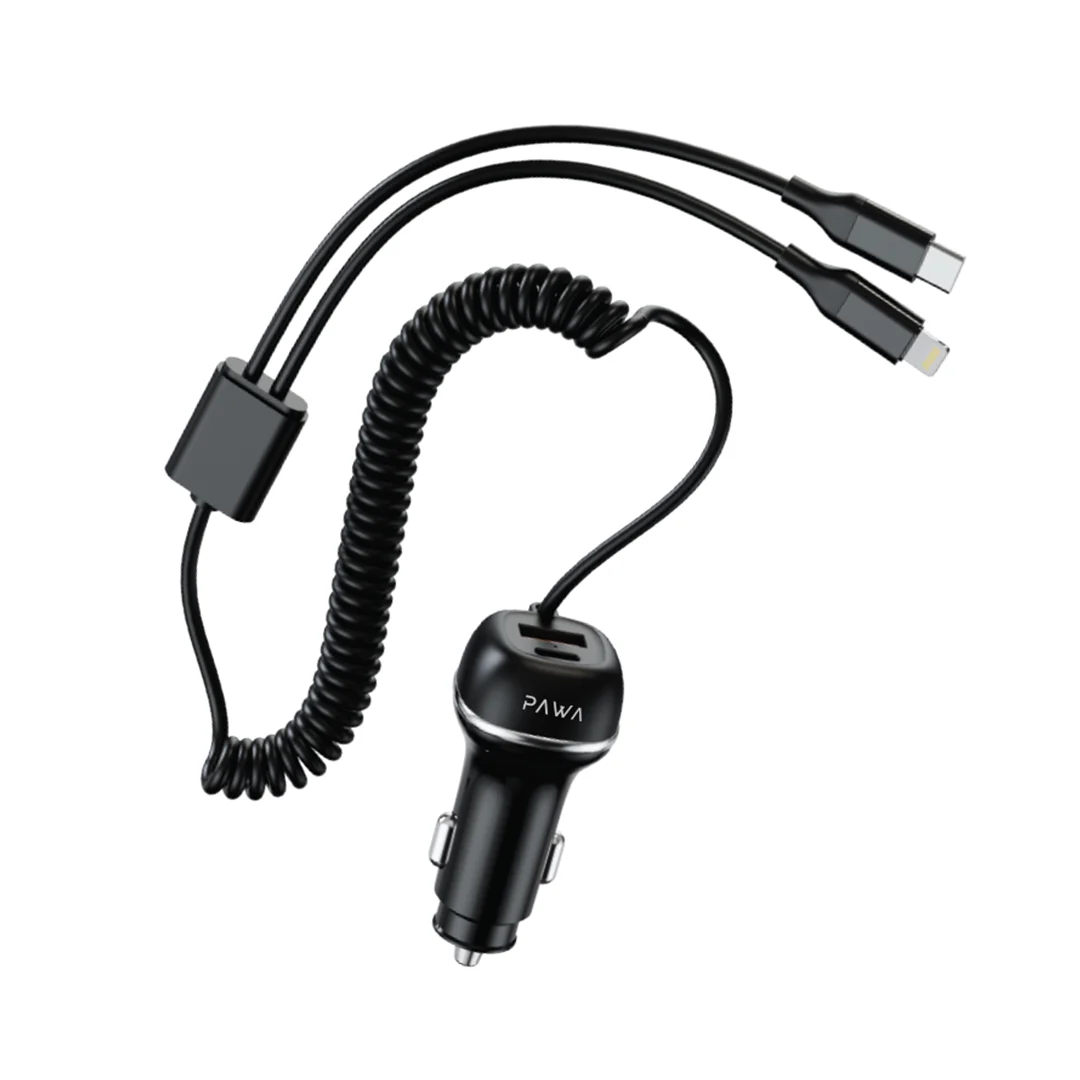 PAWA SOLID CAR CHARGER DUAL PORT PD+QC WITH USB C AND LIGHTNING CABLE 68W BLACK PW-CC68INTL-BK thumbnail 2