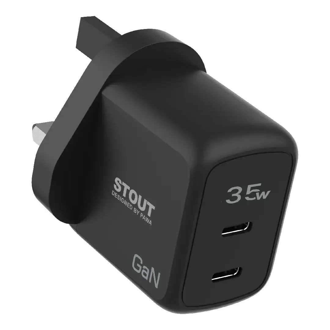 PAWA STOUT GAN TRAVEL CHARGER WITH DUAL PD PORT 35W UK STANDARD BLACK PW-GN35UK-BK thumbnail 2