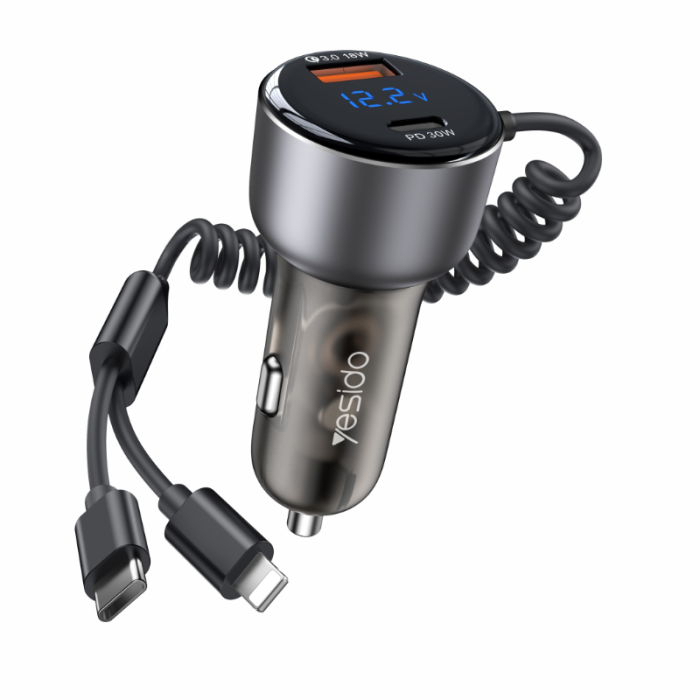 YESIDO 60W SUPER FAST CAR CHARGER WITH LIGHTNING TO TYPE C CABLE BLACK Y58 thumbnail 2