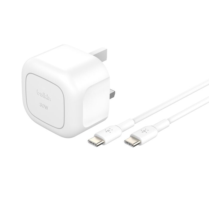 BELKIN BOOST CHARGE COMPACT USB C WALL CHARGER 30W WITH USB C TO USB C CABLE WHITE WCA008MY1MWH thumbnail 2