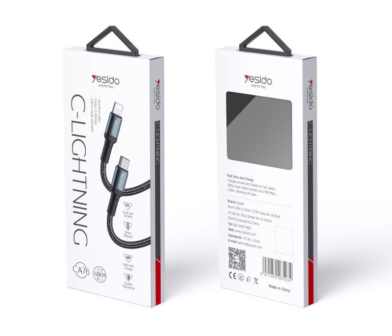 YESIDO 20W USB-C TO LIGHTNING CABLE 1.2M BLACK CA76 thumbnail 2