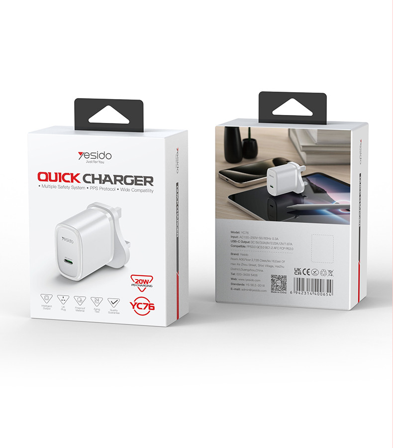 YESIDO 20W USB-C FAST CHARGER WHITE YC76L thumbnail 2