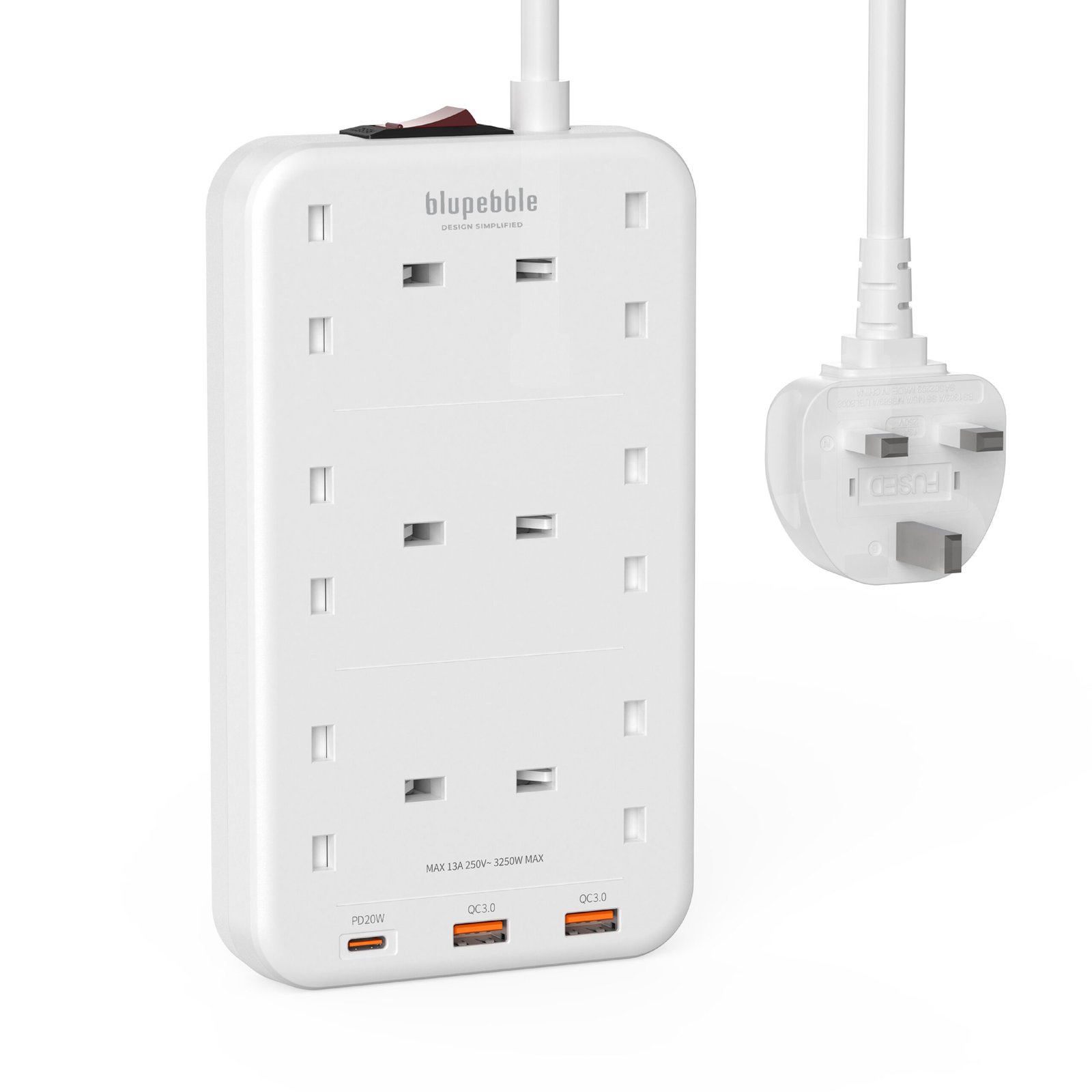 BLUPEBBLE 6 PLUG SURGE PROTECTION POWER STRIP WHITE BP-PSRTIP6-WH thumbnail 2