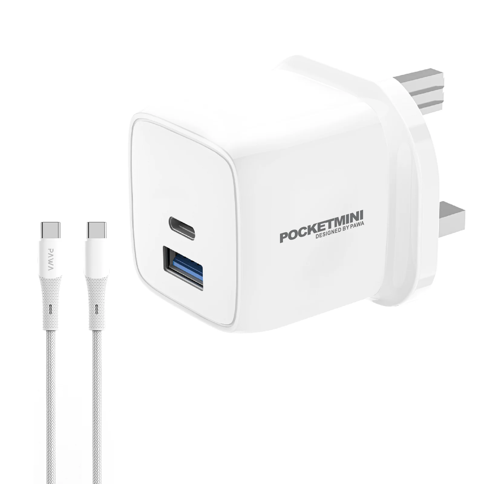 PAWA POCKETMINI TRAVEL CHARGER DUAL PD QC PORT PD20W WITH TYPE C CABLE WHITE PW-PM1U1PUKT-WH thumbnail 2