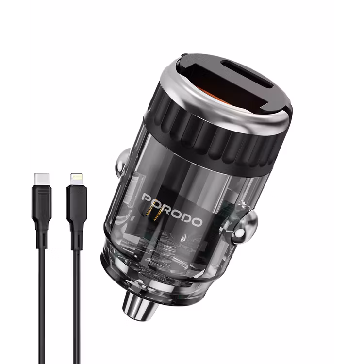 PORODO DUAL PORT TRANSPARENT CAR CHARGER WITH PULL RING HOLDER BLACK WITH USB C TO LIGHTNING CABLE PDFWCH086CBK thumbnail 2
