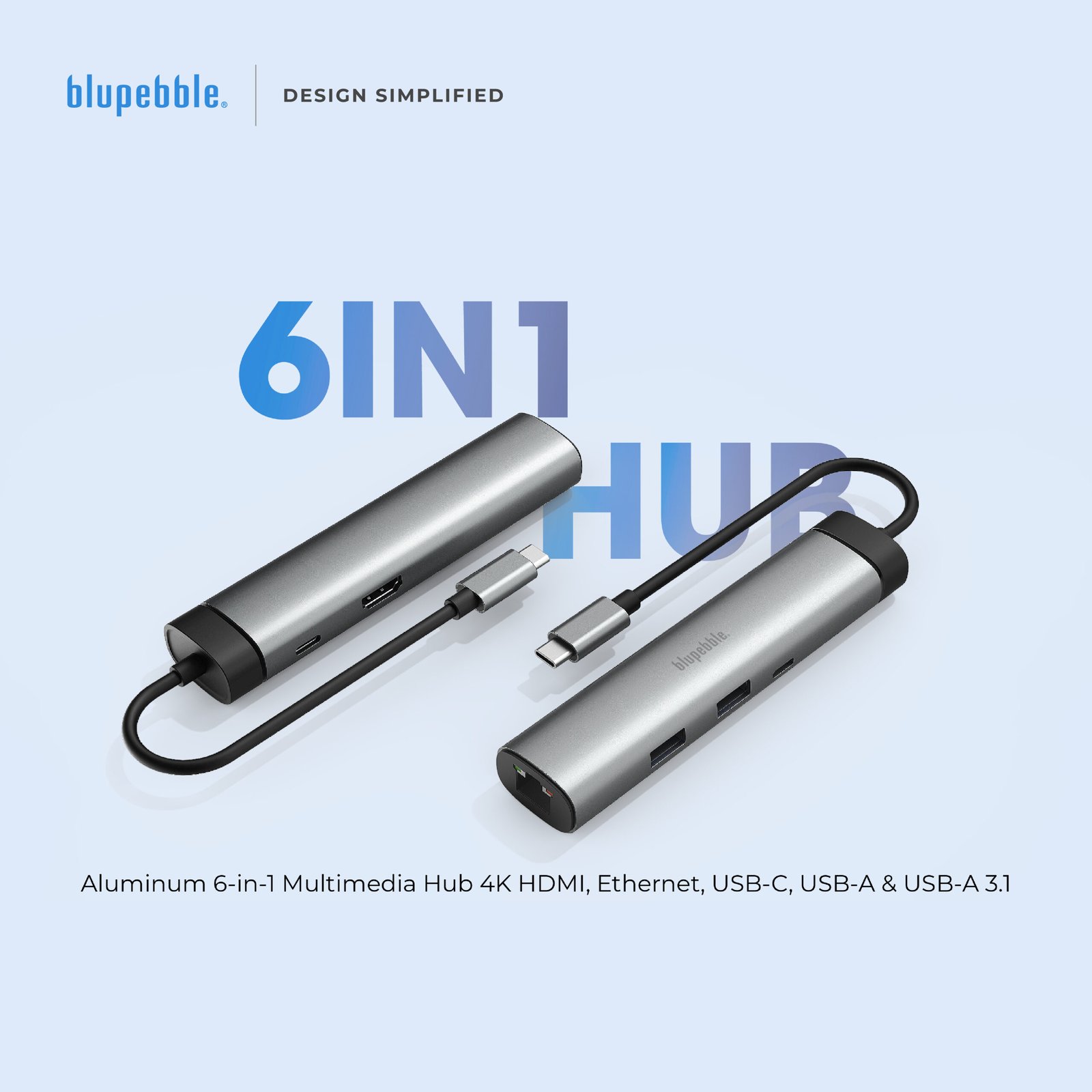 BLUPEBBLE C6 MULTIPORT ALUMINUM 6 IN 1 MULTIMEDIA HUB GRAY BP-C6MULTIHUB6IN1-GY thumbnail 2