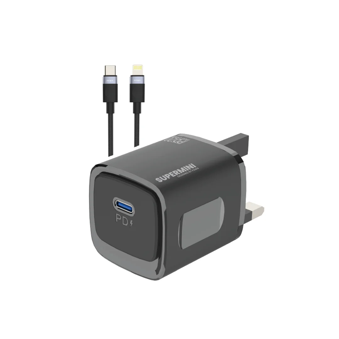 PAWA SUPERMINI TRAVEL CHARGER TYPE C PORT PD20 WITH BRAIDED LIGHTNING CABLE BLACK PW-TCSP20UL-BK thumbnail 2