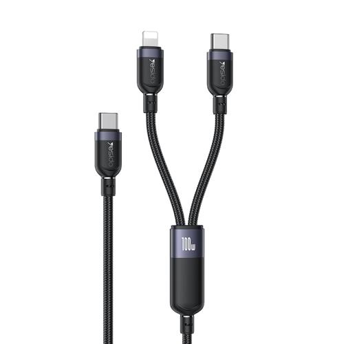 YESIDO 2 IN 1 TYPE C TO LIGHTNING AND TYPE C CABLE BLACK CA90 thumbnail 2