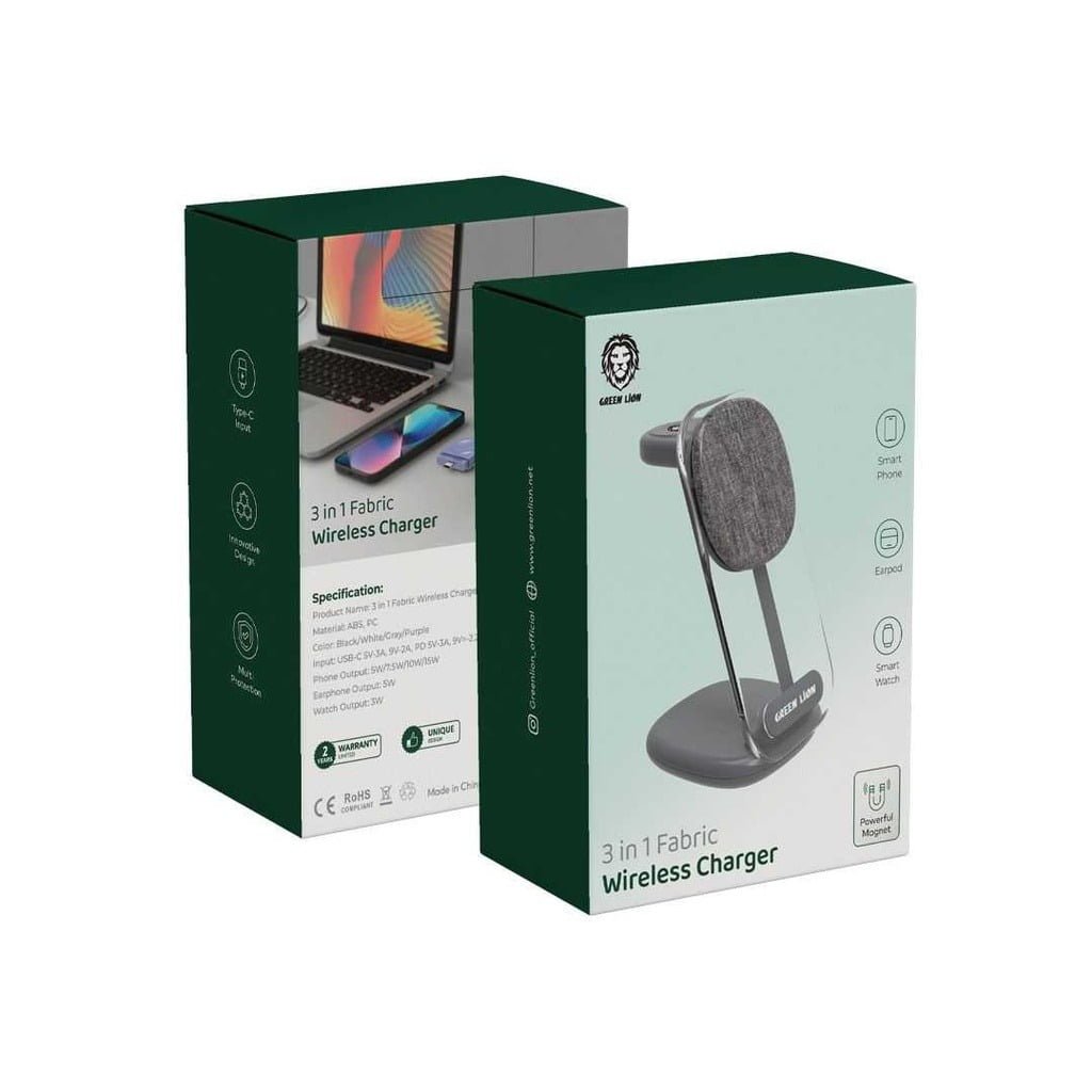 GREEN LION 3 IN 1 FABRIC WIRELESS CHARGER 15W GREY GN3N1FAWIRCGY thumbnail 2