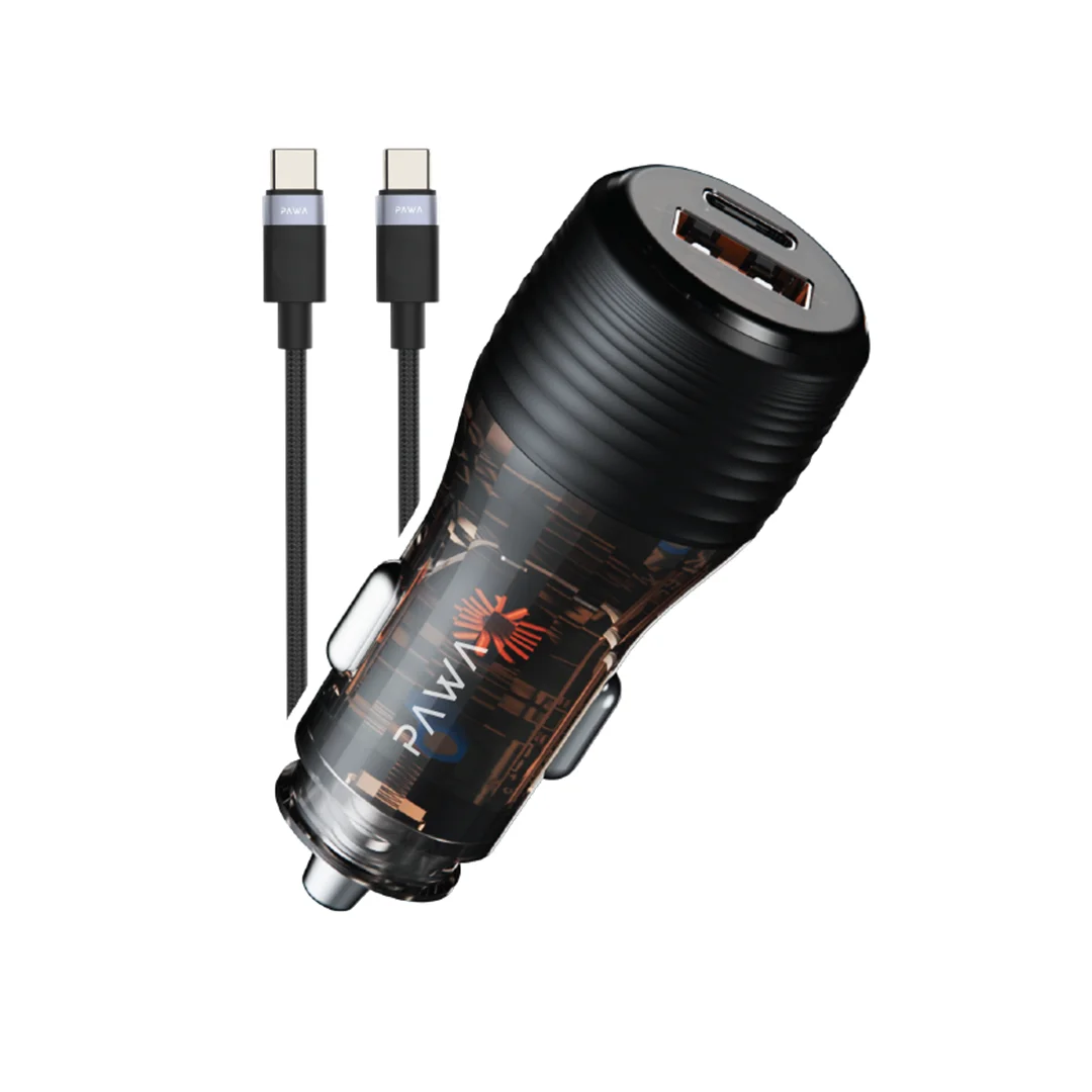 PAWA SOLID CAR CHARGER DUAL PORT PD+QC WITH BRAIDED USB C TO USB C CABLE 51W TRANSPARENT PW-CC51CA1T-TP thumbnail 2