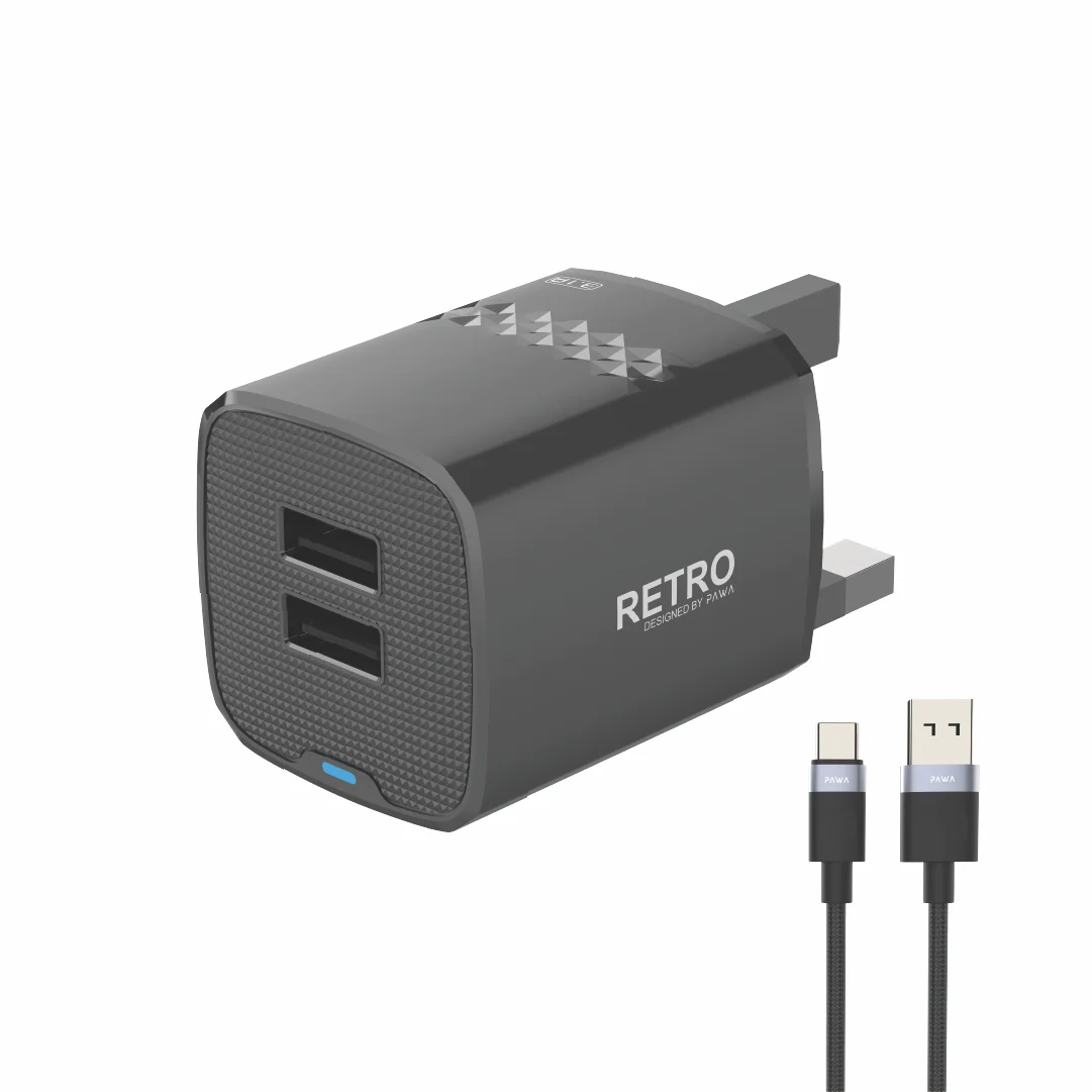 PAWA RETRO 3.1A DUAL USB UK CHARGER WITH USB A  TO USB-C CABLE BLACK PW-TCR31UKT-BK thumbnail 2