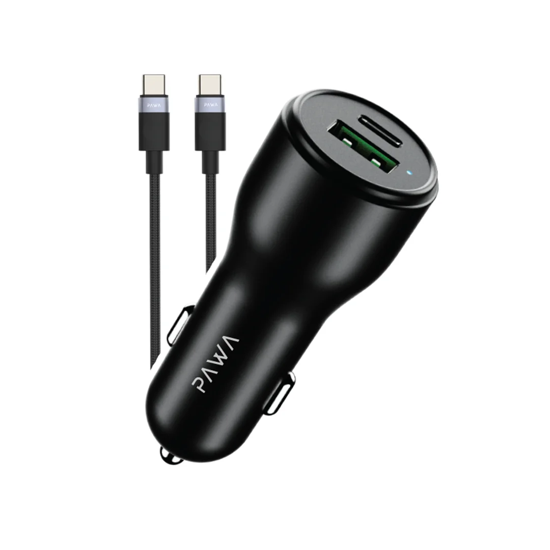 PAWA SOLID CAR CHARGER DUAL PORT PD+QC WITH BRAIDED USB C TO USB C CABLE 51W BLACK PW-CC51CA5T-BK thumbnail 2