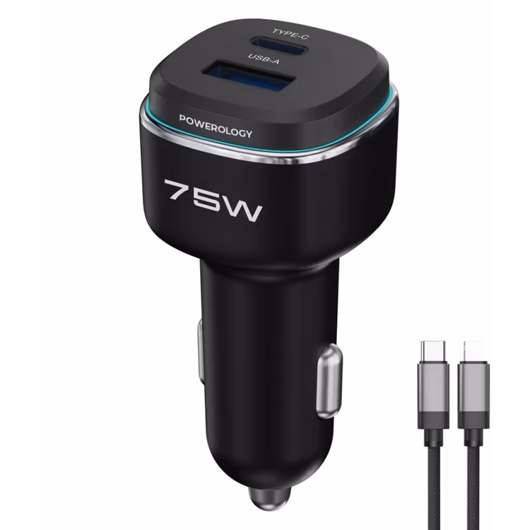 POWEROLOGY 75W DUAL PORT HIGH POWER CAR CHARGER WITH LIGHTNING CABLE BLACK/GRAY PCCSR024BKGYL thumbnail 2