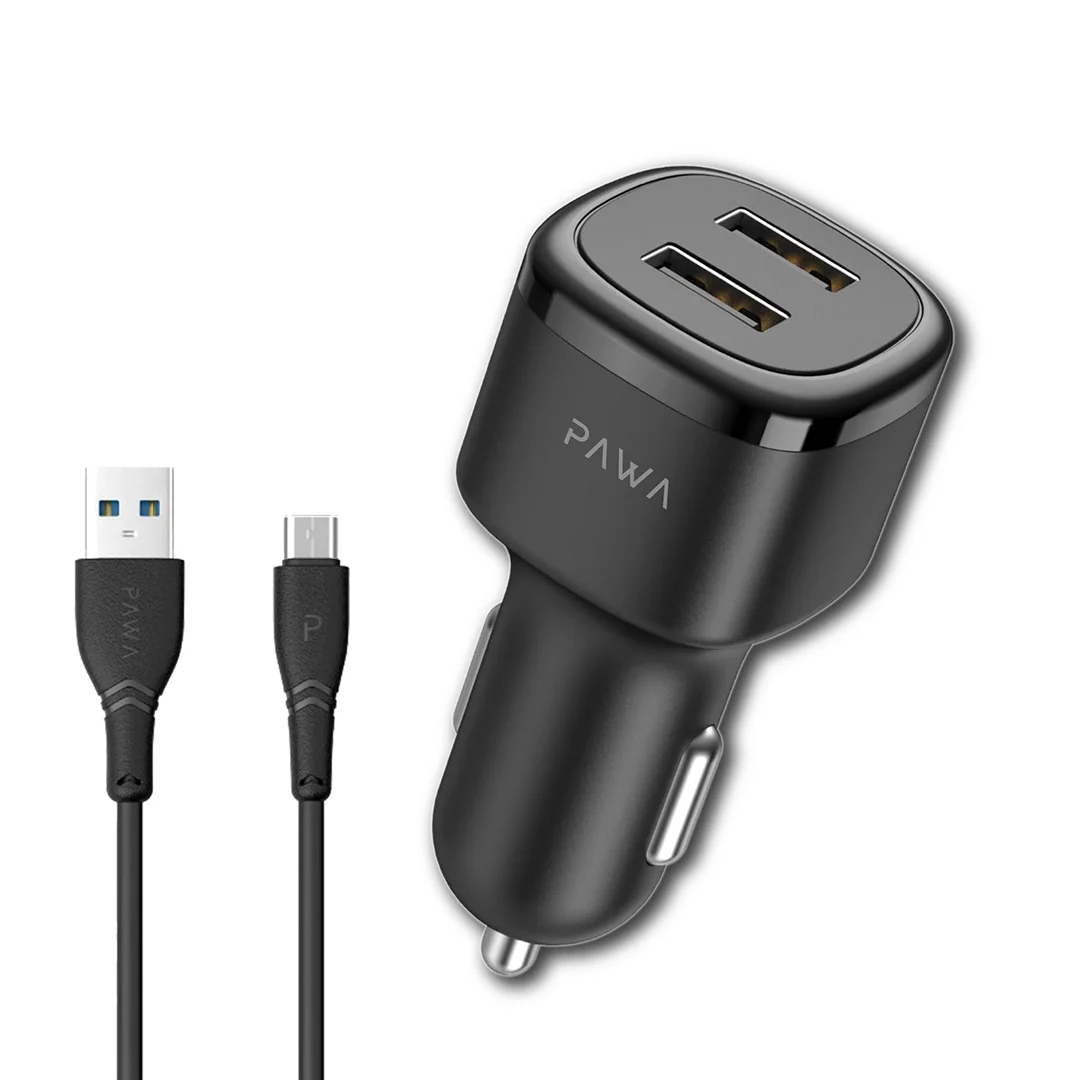 PAWA SOLID CAR CHARGER DUAL USB PORT 2.4A INCLUDES MICRO CABLE BLACK PW-24AICCM-BK thumbnail 2