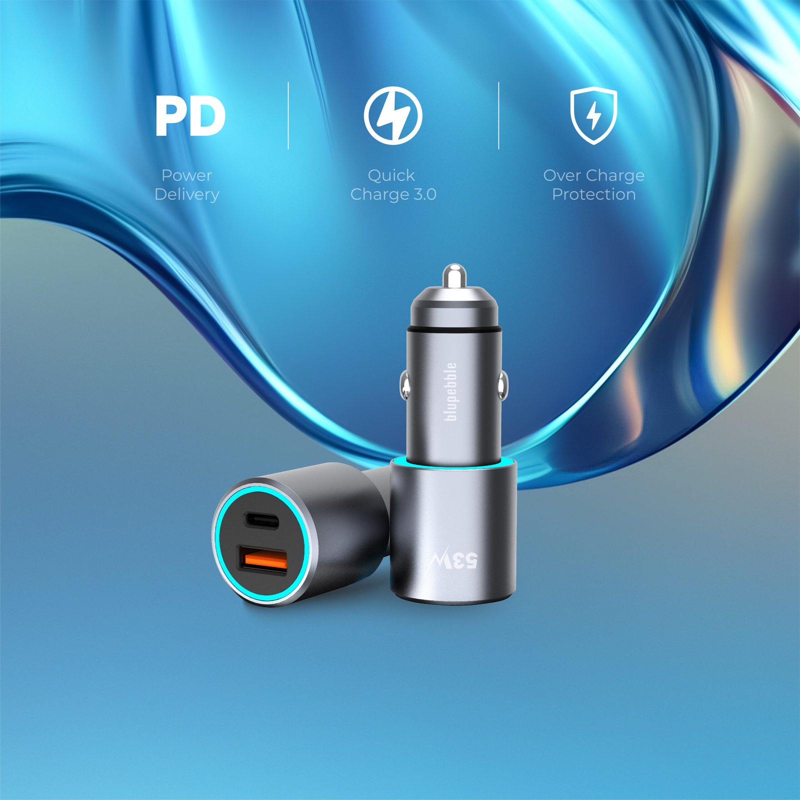 BLUPEBBLE NAVI POWER 53W WITH 1XUSB-C PD AND 1XUSB-A QC CAR CHARGER BP-CC053-SG thumbnail 2
