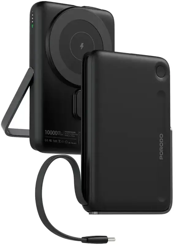 PORODO MAGSAFE 10000MAH POWER BANK INTEGRATED USB C CABLE / STAND PD20W BLACK PDPBFCH065BK thumbnail 2