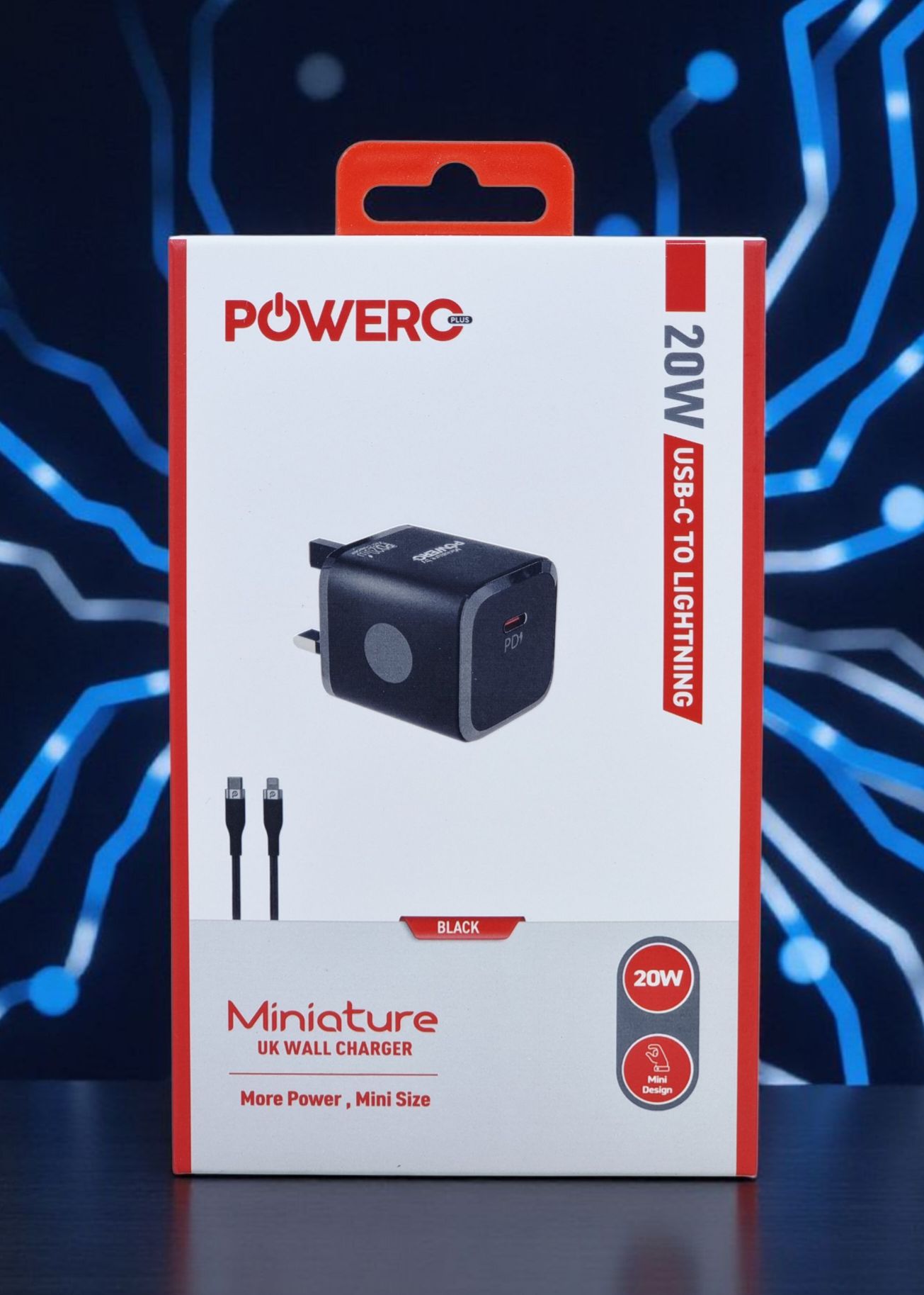 POWERO PLUS MINIATURE UK WALL CHARGER 20W USB-C TO LIGHTING CABLE BLACK PR-TCUK25L-BK thumbnail 2