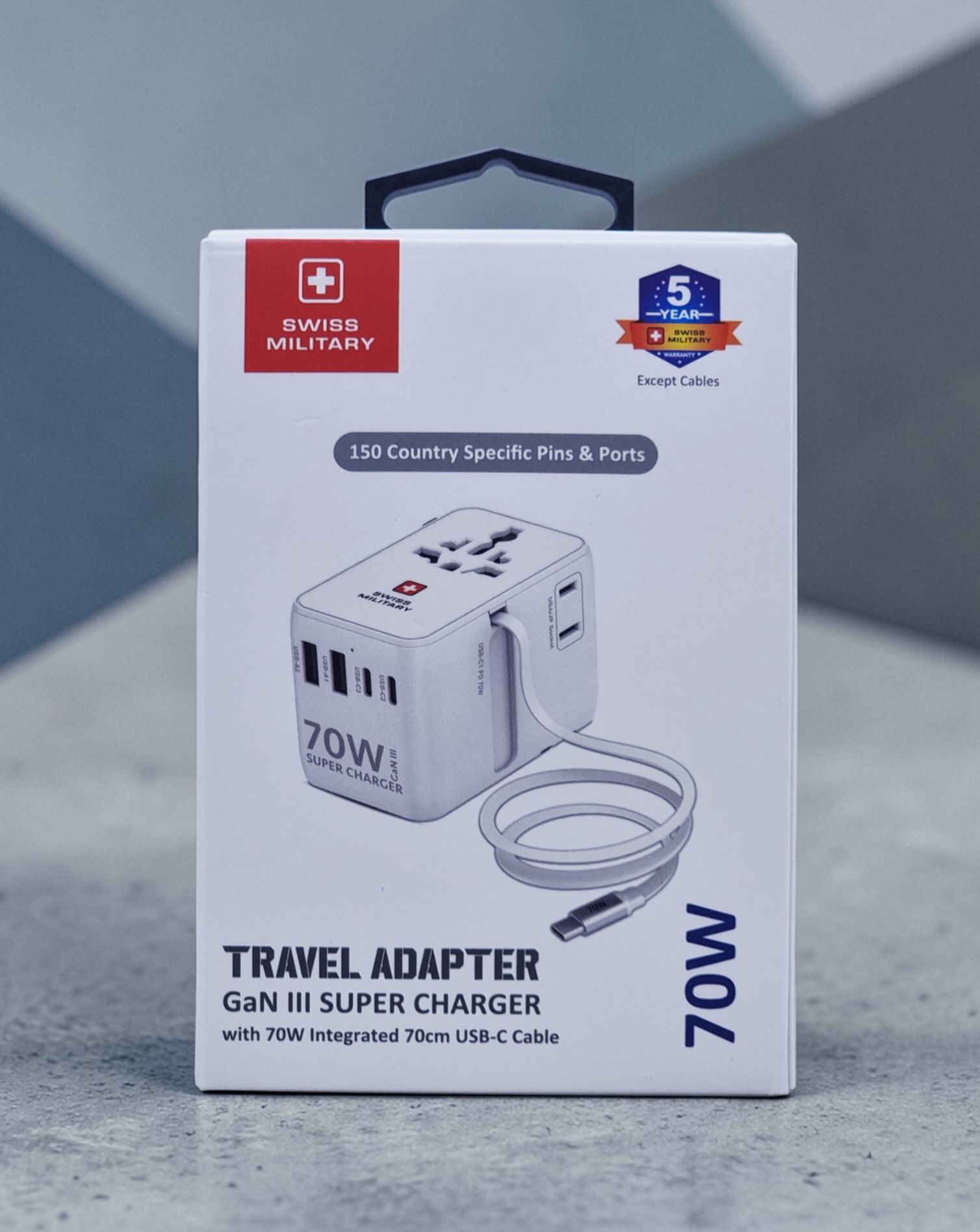 SWISS MILITARY TRAVEL ADAPTER GAN III SUPER CHARGER WITH 70W INTEGRATED 70CM USB C CABLE WHITE SM-TC-70W-GAN-MINI-CABLE-WHI thumbnail 2
