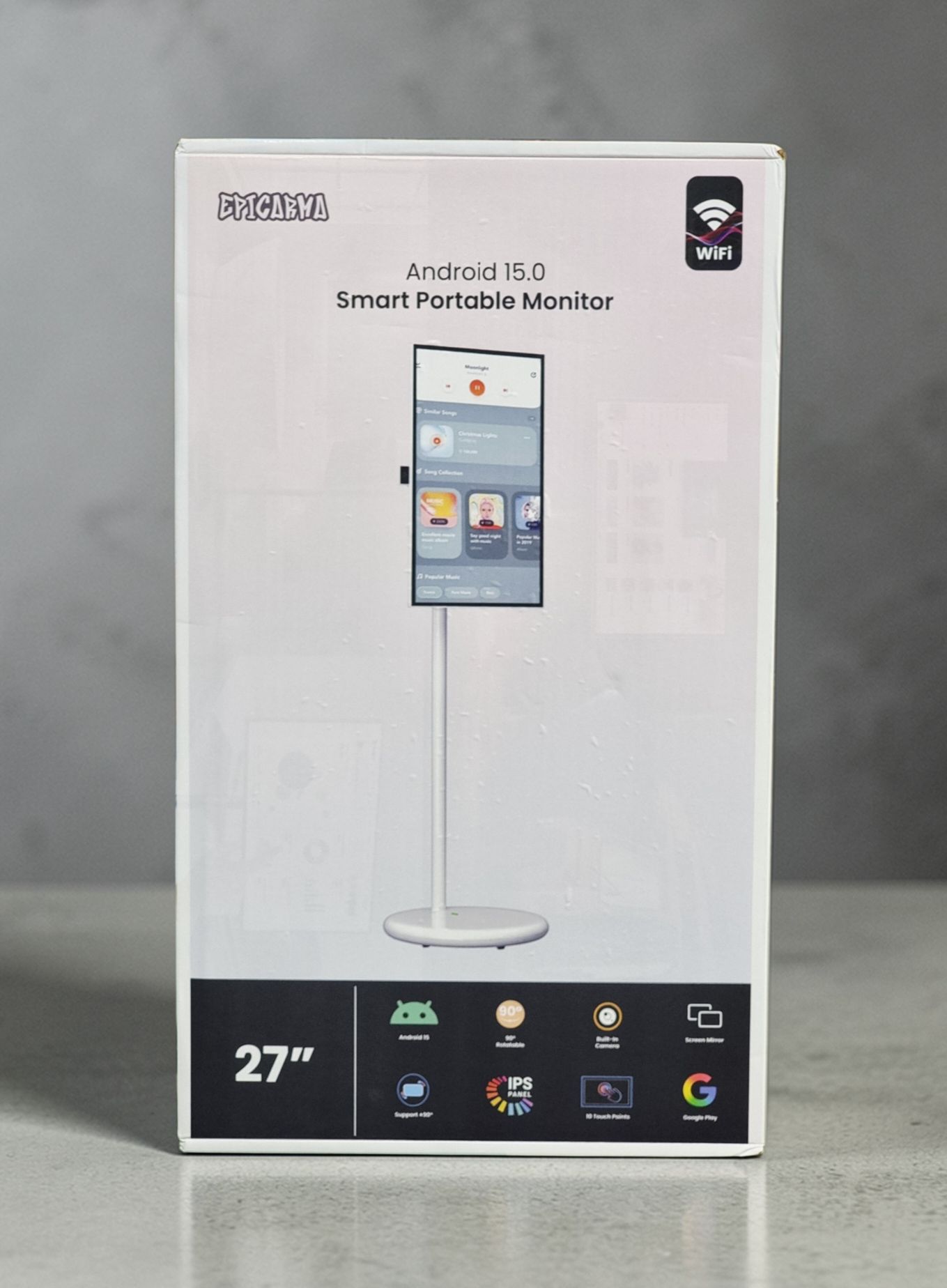 EPICARMA 27 INCH SMART PORTABLE MOVABLE MONITOR WITH ANDROID 15.0 WHITE EA-PTMP27-WH thumbnail 2