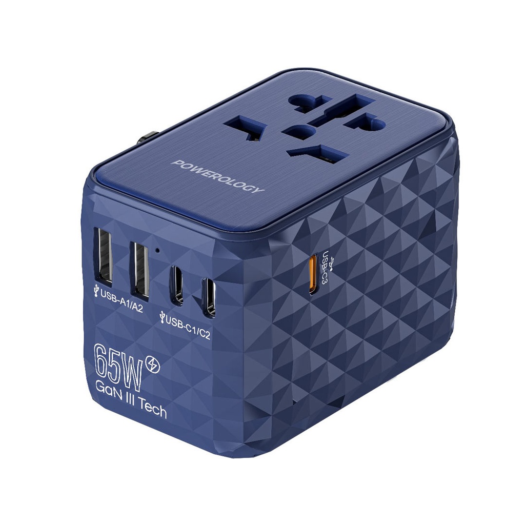 POWEROLOGY UNIVERSAL MULTI PORT GAN TRAVEL ADAPTER 65W BLUE thumbnail 2