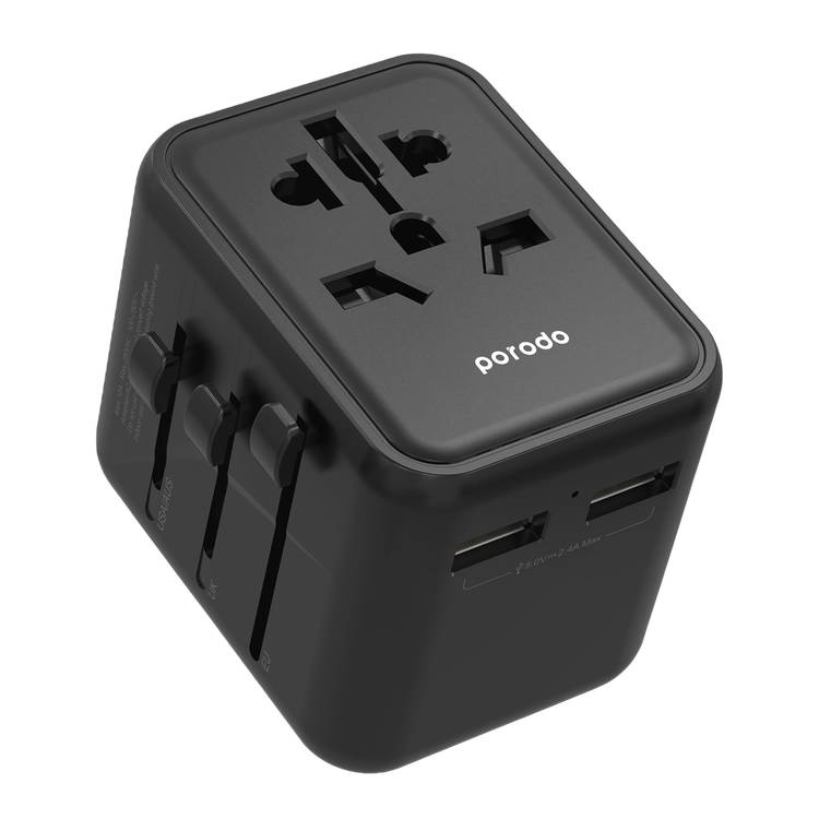 PORODO DUAL PORT USB-A UNIVERSAL TRAVEL ADAPTER BLACK PD-12WUTA-BK thumbnail 2