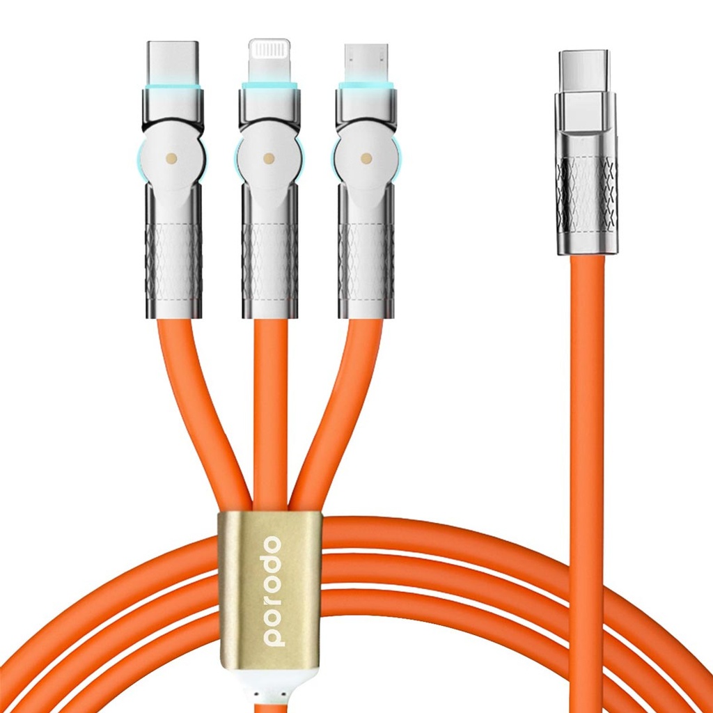 PORODO 3 IN 1 MULTI CONNECTOR SWIVEL LIGHTNING TYPE C MICRO USB FAST CHARGE CABLE PD 100W 1.2M ORANGE PD-3IN1V100W-OG thumbnail 2