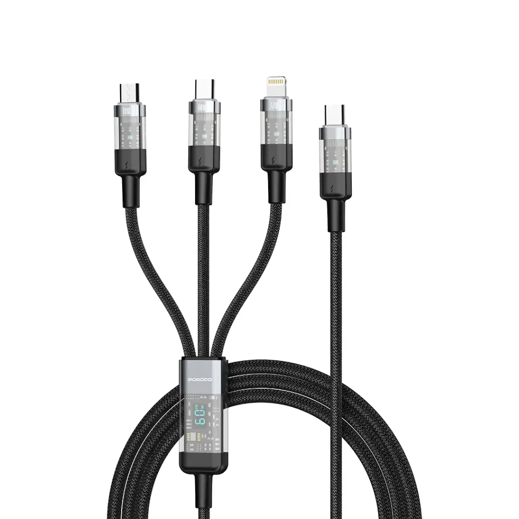 PORODO TRANSPARENT 3 IN 1 TYPE C INPUT FAST CHARGING CABLE 1M BLACK PD-CBL0019-BK thumbnail 2
