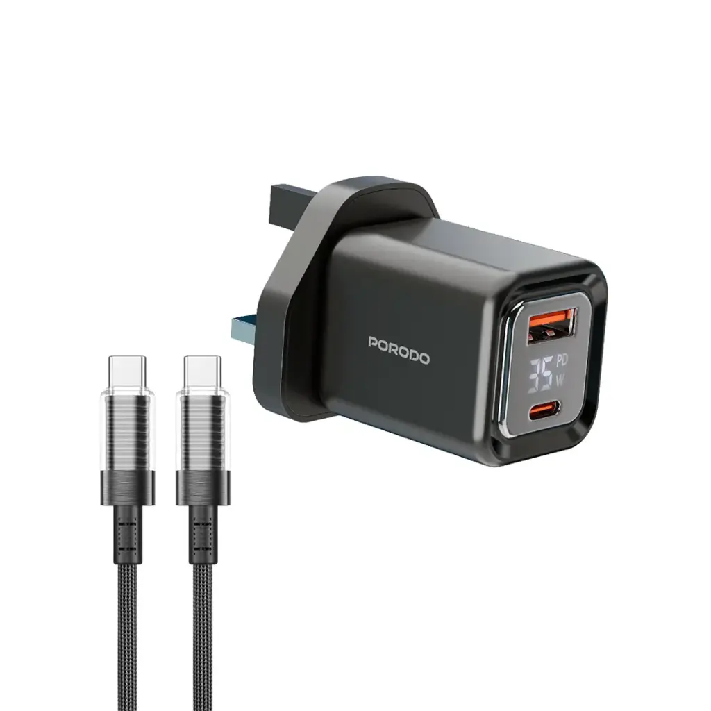 PORODO DUAL PORT DIGITAL DISPLAY QUICK CHARGER PD35W GAN WITH C CABLE BLACK PD-FWCH058-C-BK thumbnail 2