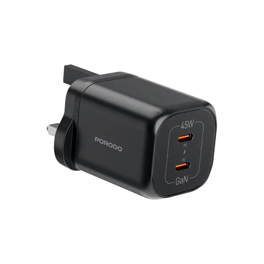 PORODO DUAL USB C PD45W GAN QUICK CHARGER BLACK PD-FWCH064-BK thumbnail 2