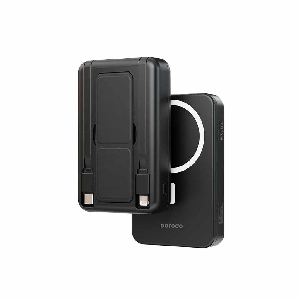 PORODO 10000 MAH MAGSAFE POWER BANK ATTACHED WITH TYPE C AND LIGHTNING CABLE BLACK PD-PBFCH040-BK thumbnail 2