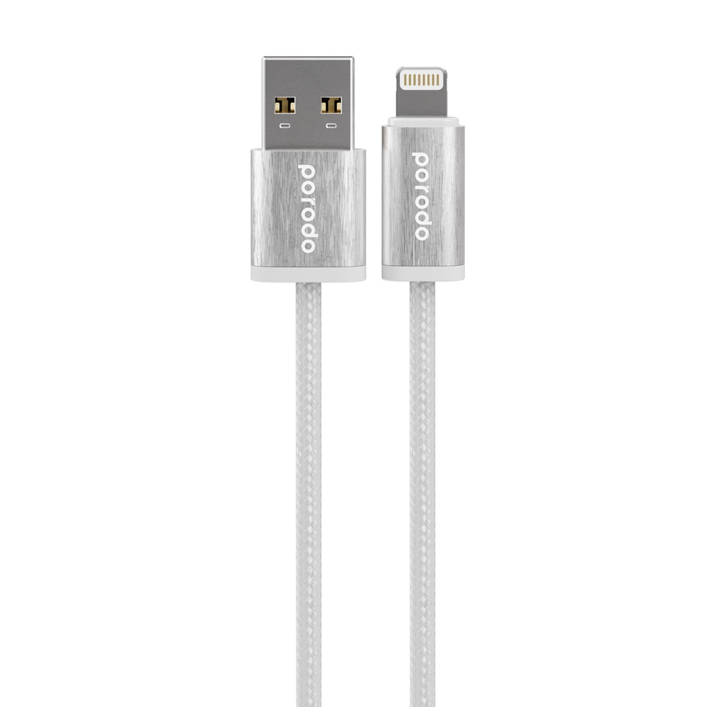 PORODO WOVEN BRAIDED USB A LIGHTNING CABLE DATA & FAST CHARGE ALUMINUM SHELL WHITE 4FT 1.2M PD-W24AC2L-WH thumbnail 2