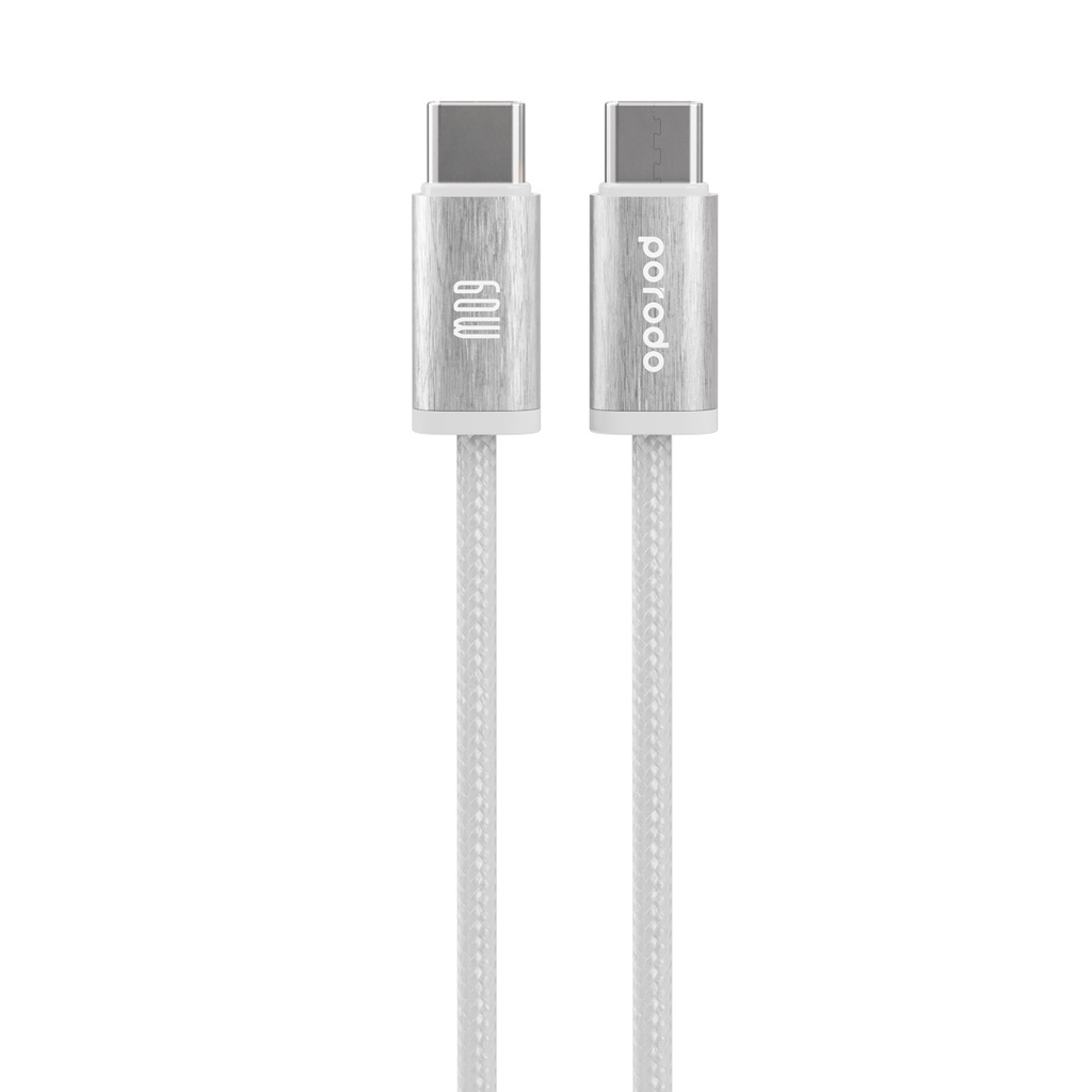 PORODO WOVEN BRAIDED USB C TO USB C CABLE DATA & FAST CHARGE ALUMINUM SHELL 1.2M WHITE PD-W60CC1-WH thumbnail 2