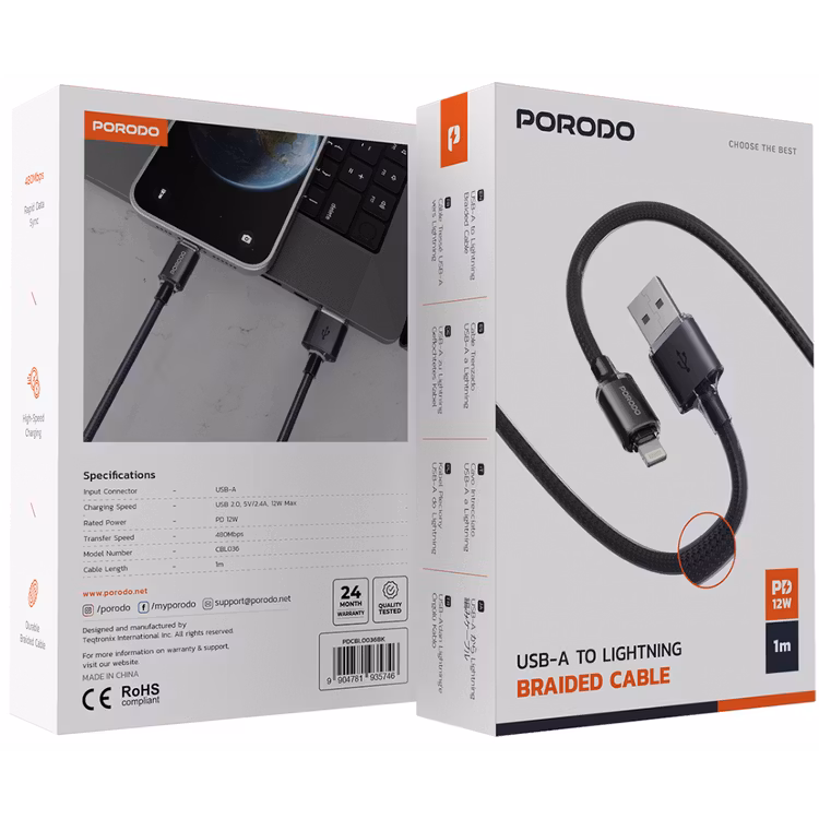 PORODO LED BRAIDED USB A TO LIGHTNING CABLE CHARGING & DATA TRANSFER BLACK PDCBLXGH01BK thumbnail 2