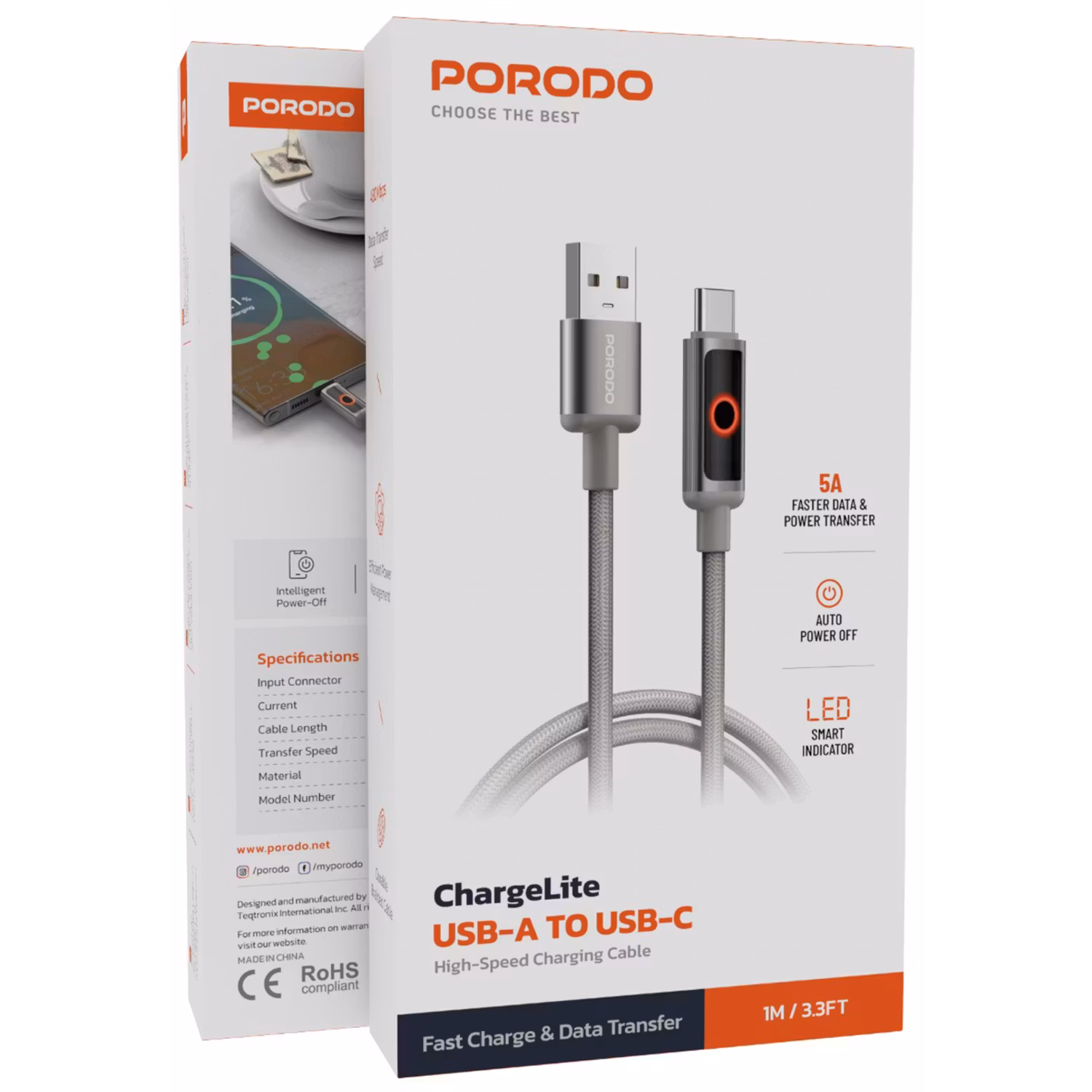 PORODO CHARGE LITE USB-A TO USB-C HIGH-SPEED CHARGING 1M/3.3FT CABLE GRAY PDCBL0043GY thumbnail 2