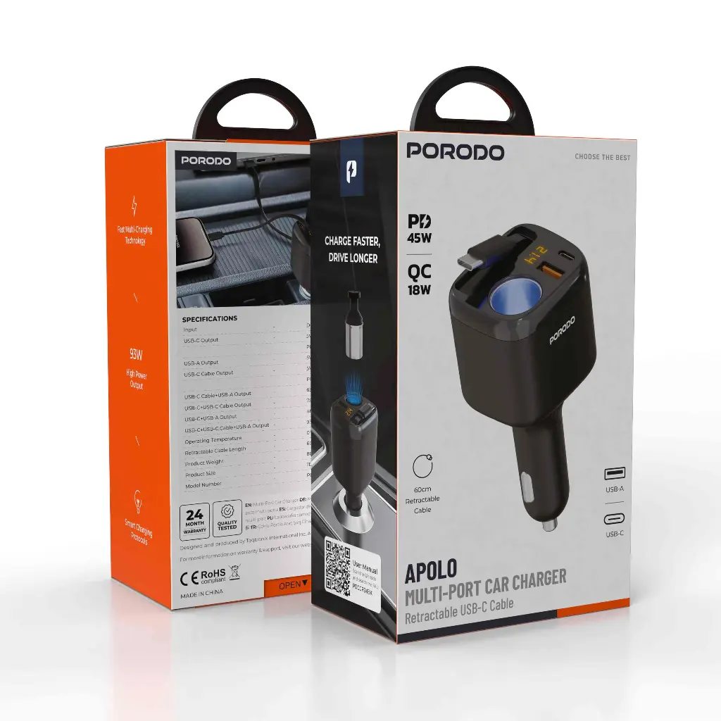 PORODO APOLO MULTI PORT CAR CHARGER RETRACTABLE USB C CABLE BLACK PDCCR34BK thumbnail 2
