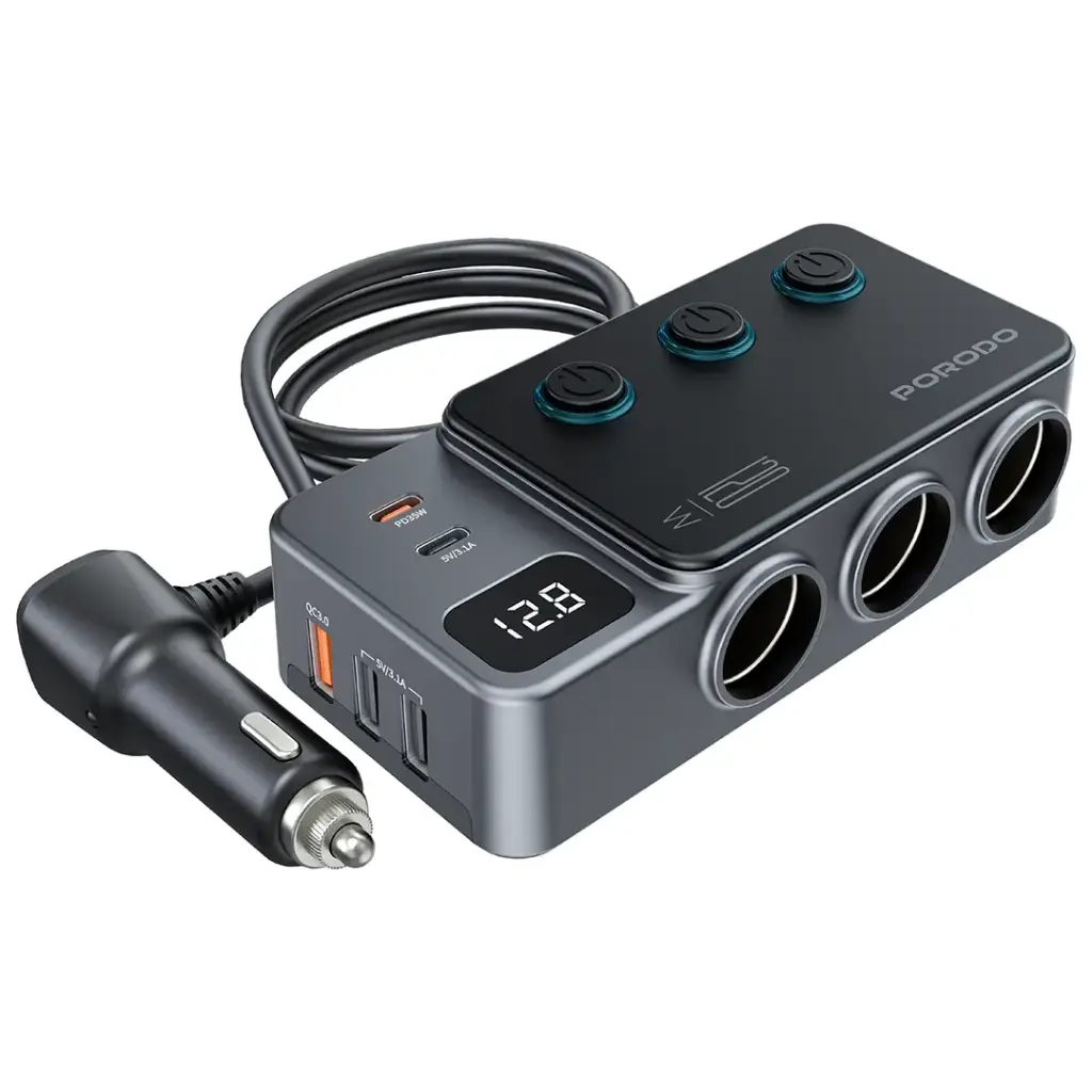 PORODO 120W CAR CHARGER HUB TRIPLE PORT LIGHTER SOCKET DARK GREY PDFWCH070DG thumbnail 2