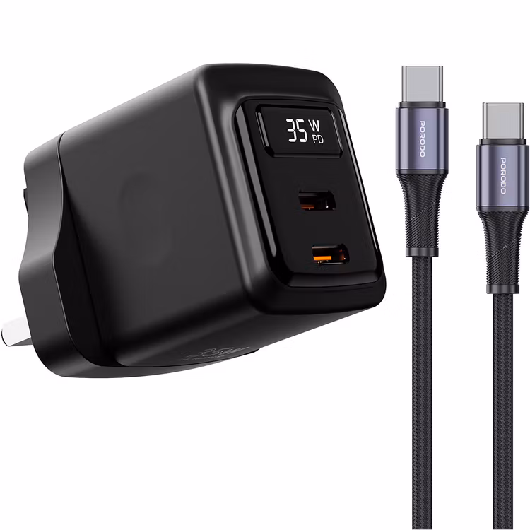 PORODO GAN 35W DUAL USB C WALL CHARGER WITH TYPE C TO TYPE C CABLE BLACK PDFWCH084CBK thumbnail 2