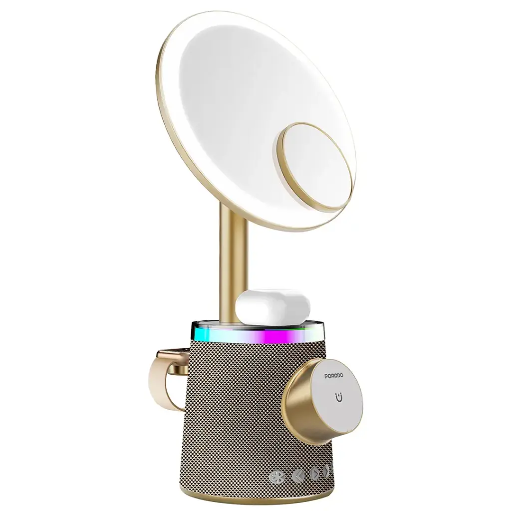 PORODO MAKEUP MIRROR WIRELESS CHARGER AND SPEAKER WITH RGB LIGHT GOLD PDLFST220GD thumbnail 2