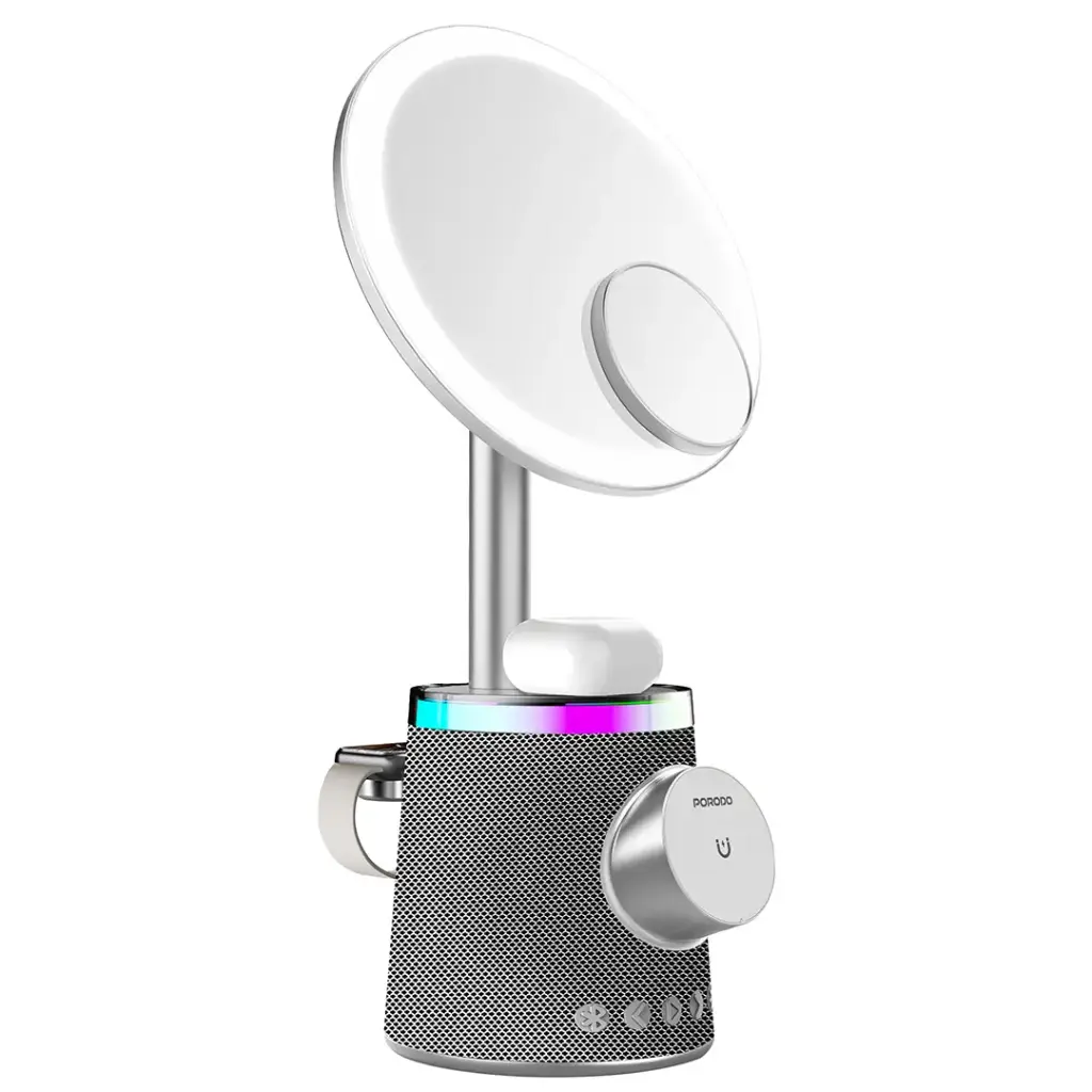 PORODO MAKEUP MIRROR WIRELESS CHARGER AND SPEAKER WITH RGB LIGHT SILVER PDLFST220S thumbnail 2