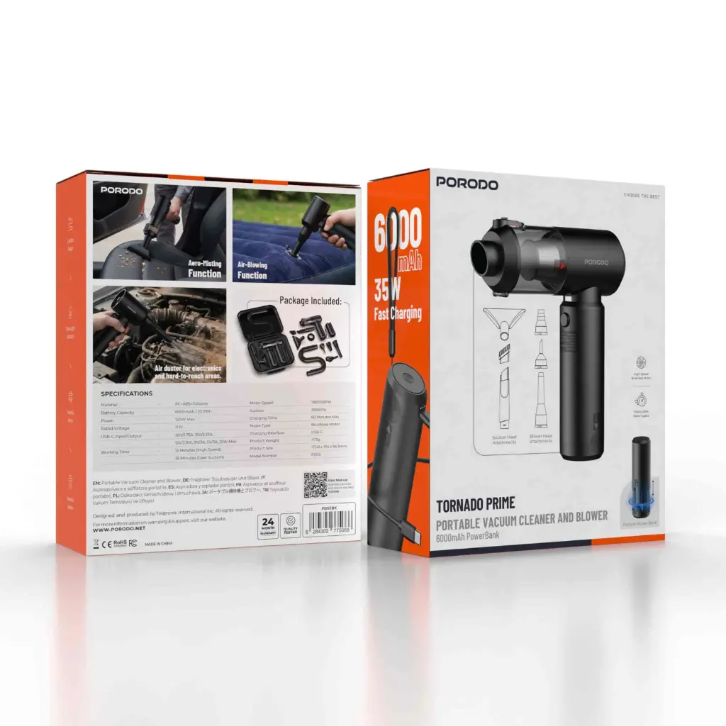 PORODO TORNADO PRIME PORTABLE VACUUM CLEANER AND BLOWER 6000MAH POWER BANK BLACK-PDS5BK thumbnail 2
