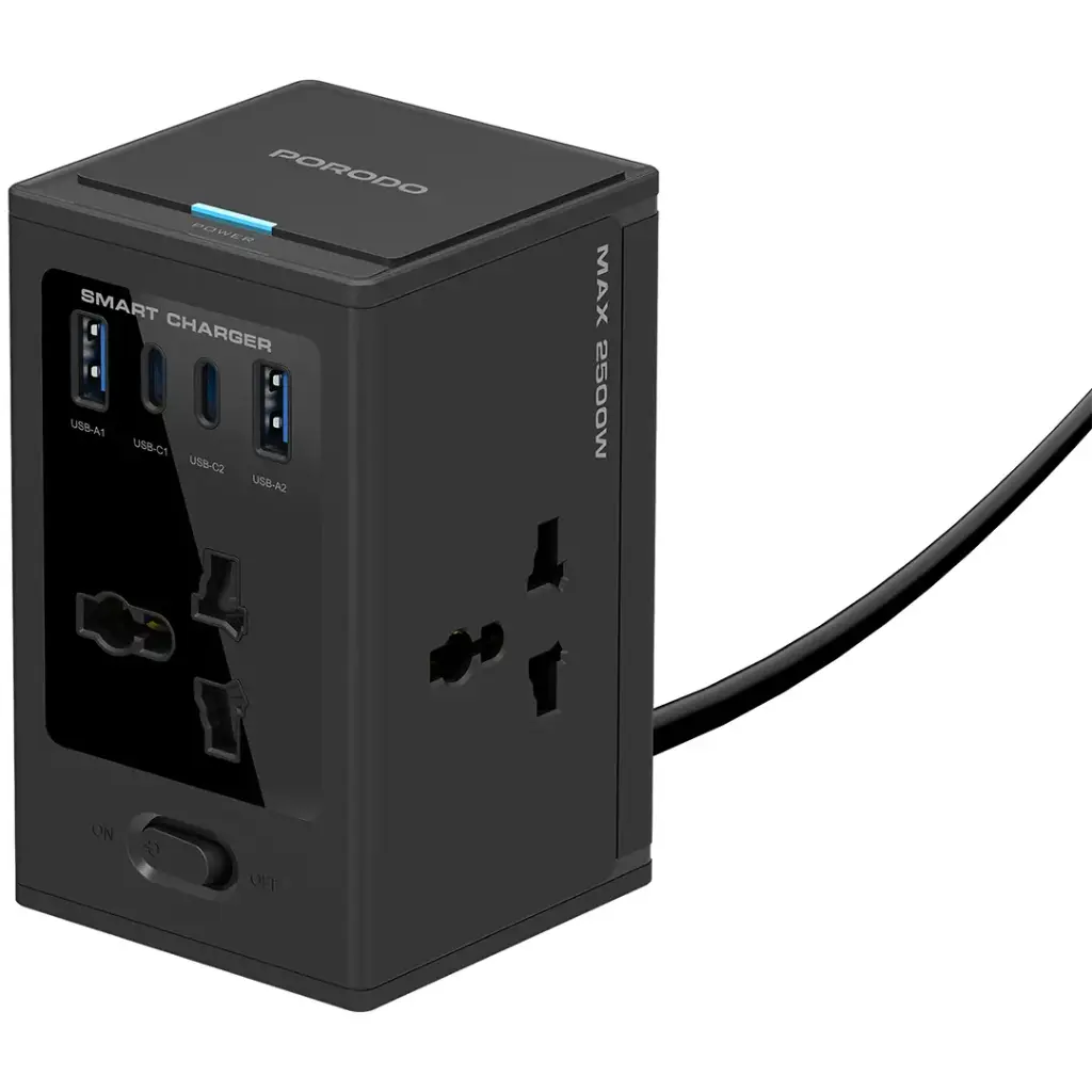 PORODO UNIVERSAL GAN MULTI PORT CUBE ADAPTER WITH 4 AC SOCKETS BLACK PDUNS8430BK thumbnail 2